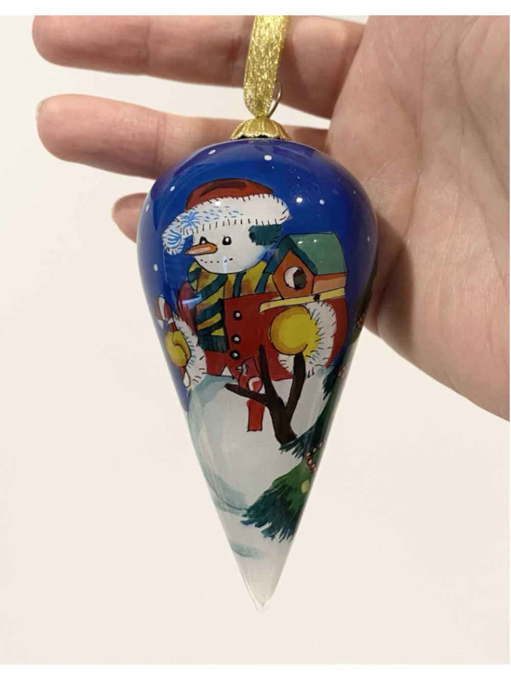 Vintage Hand Painted Glass Snowman Teardrop Christmas Ornament Royal Museum Box
